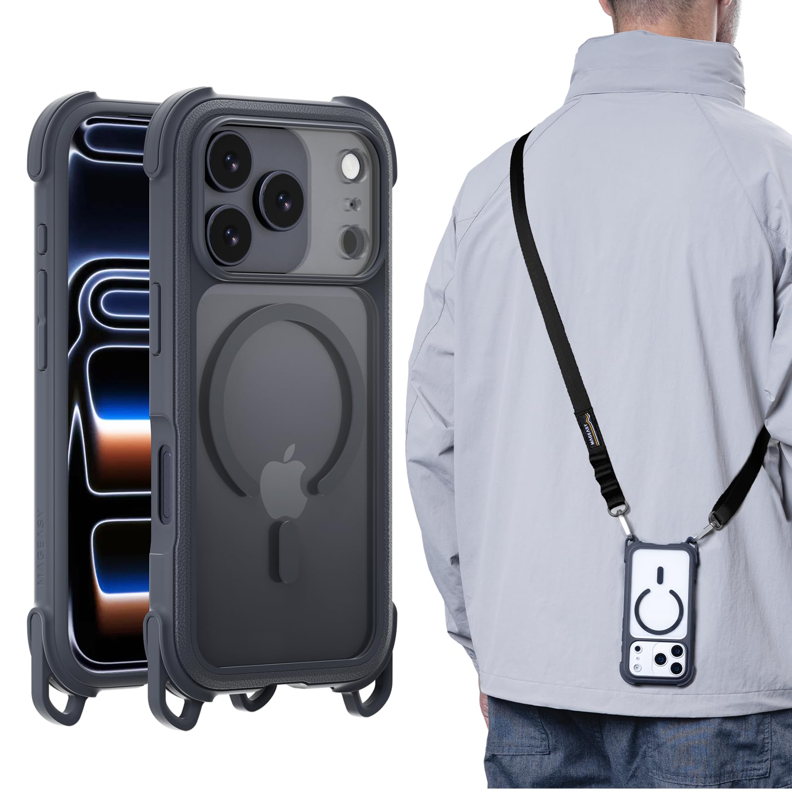 Photo 1 of MAGEASY Compatible with iPhone 17 Pro 6.3" Case with Strap - 20ft Drop Protection Compatible with MagSafe, Leather Embedded Frame | Odyssey Strap M (Leatherette Midnight)