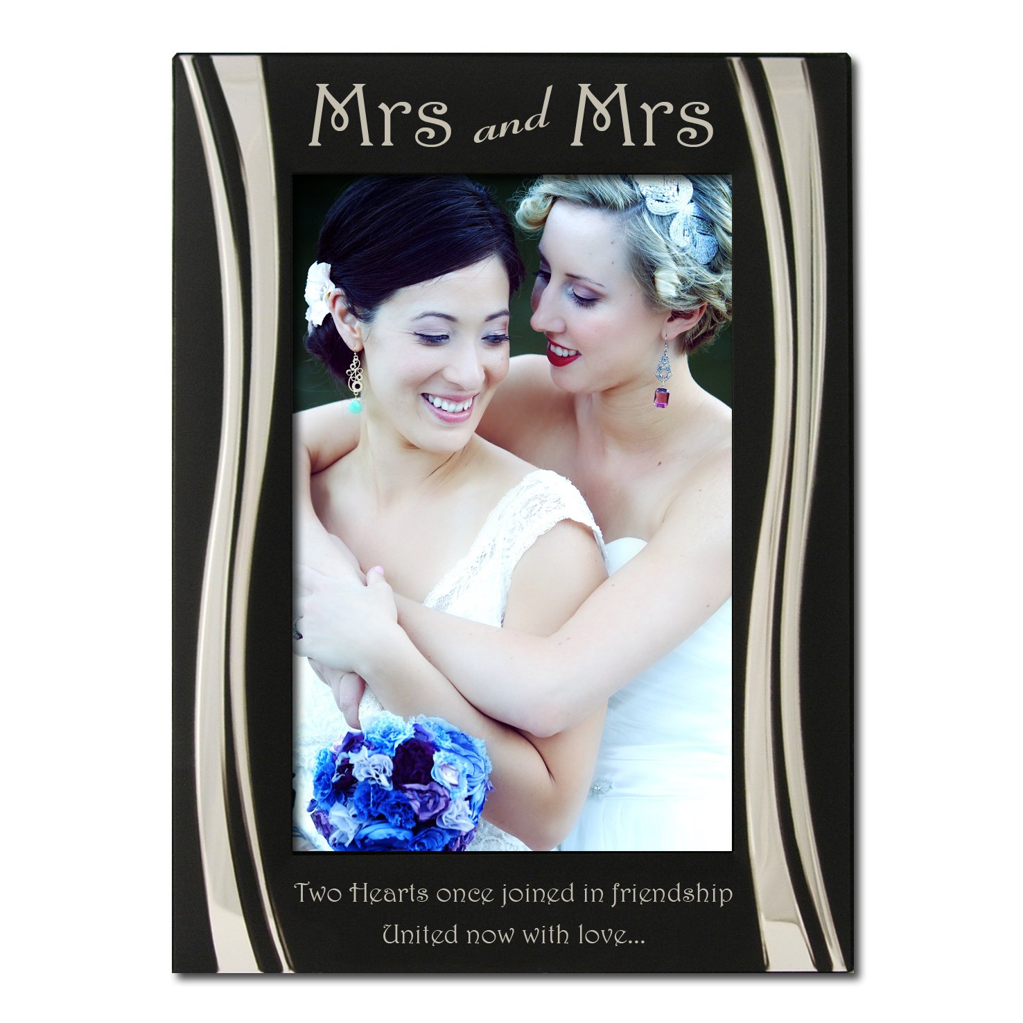 "Mrs and Mrs" Photo Frame, Silver Plated, Velvet Backed, Black and Silver, Holds 4" x 6" Photo, Engraved with "Two Hearts once joined in friendship, united now with love..."