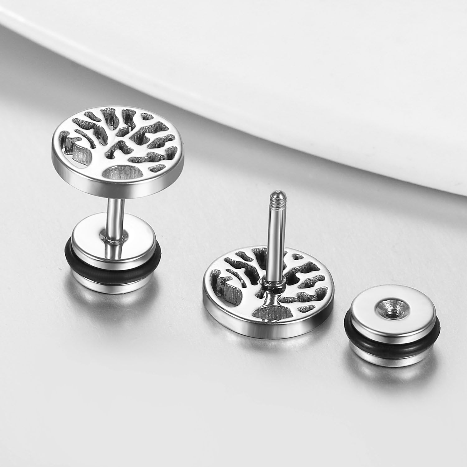 JewelryWe Pair of Men's 9mm Stainless Steel Tree of Life Stud Earrings Black Tapers Cheater Faux Fake Ear Plugs Gauges Illusion Tunnel Non Pierce Body Jewellery - Image 4