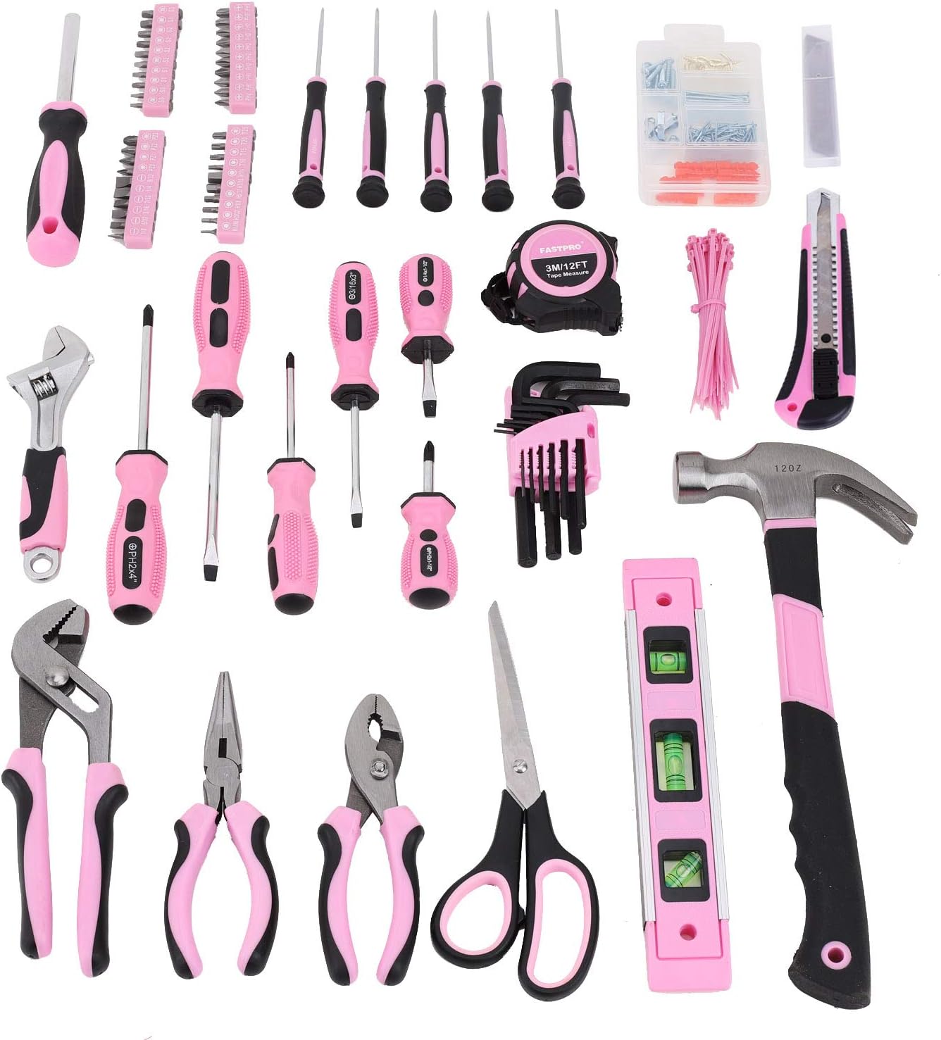 FASTPRO Pink Tool Set, 220-Piece Lady's Home Repairing Tool Kit with 12-Inch Wide Mouth Open Storage Tool Bag - - 