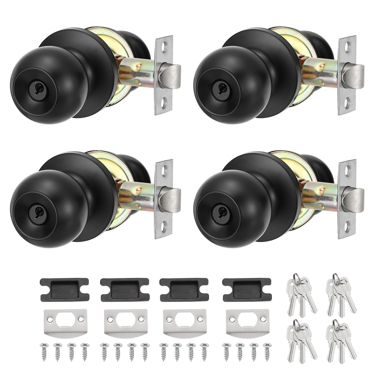 PATIKIL Round Key Entry Door Knobs Interior, 4 Pack Round Stainless Steel Bedroom Bathroom Door Knob with Lock Entry Indoor Outdoor Door, Black