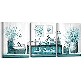 RnnJoile Teal Bathroom Decor Botanical Butterflies Wall Art Just Breathe Sign Canvas Painting for Home Bathroom Decorations 12"x16" Each