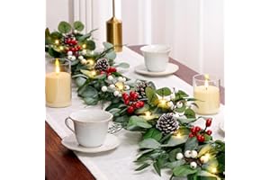 ALUPSSUC 9FT Prelit Christmas Garland with Lights, Multi-Color Lights/Battery Operated/Timer, Lighted Artificial Eucalyptus Christmas Garland for Mantle Table Stairs Railing Xmas Indoor Outdoor Decorations