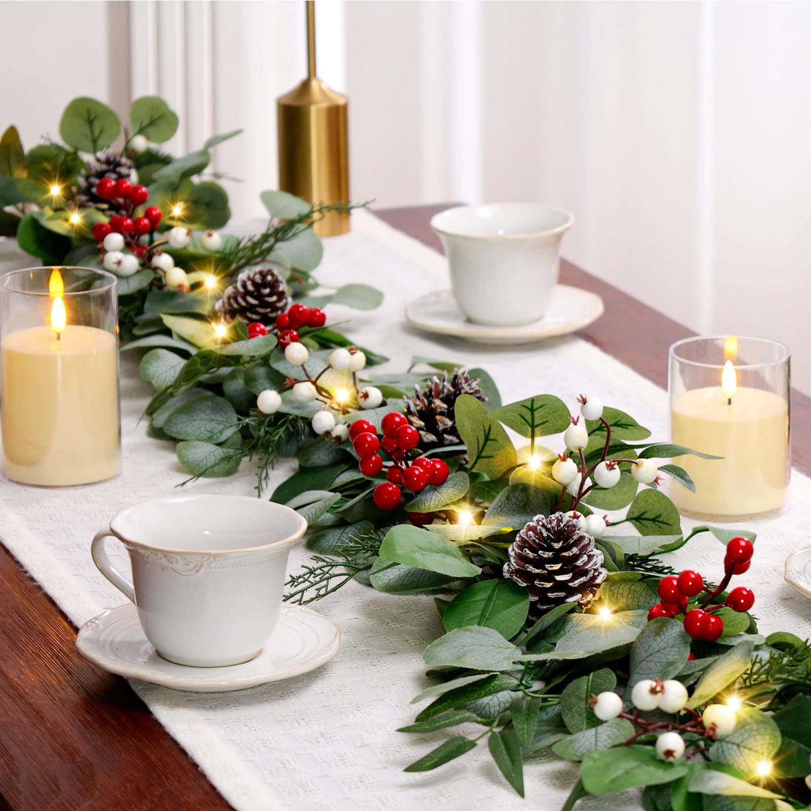 Photo 1 of 9FT Prelit Christmas Garland with Lights, Multi-Color Lights/Battery Operated/Timer, Lighted Artificial Eucalyptus Christmas Garland for Mantle Table Stairs Railing Xmas Indoor Outdoor Decorations