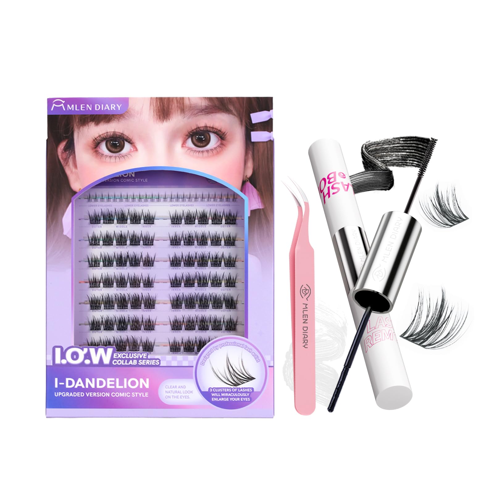 Mlen Diary Lashes Clusters, 94pcs 10-12mm False Lashes With Lash Bond and Seal Remover, Tweezers, Individual D Curl Manga Cluster Lashes, Natural Look DIY Eyelash Extension Kit