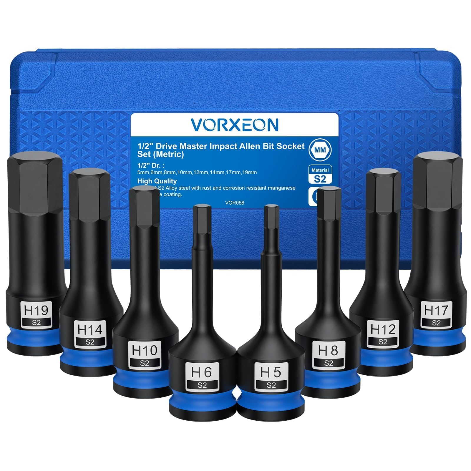 VORXEON 8 Pcs 1/2 Drive Impact Hex Bit Socket Set, Drive Impact Allen Key Socket Set en S2 Steel 5mm 6mm 8mm 10mm 12mm 14mm 17mm 19mm Heavy Duty Storage Case