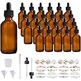 Comrzor 24 Pack 2oz Amber Glass Bottles with Glass Eye Droppers for Essential Oils, Perfumes (Brush, Funnels, 2 Extra Dropper