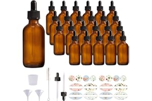 Comrzor 24 Pack 2oz Amber Glass Bottles with Glass Eye Droppers for Essential Oils, Perfumes (Brush, Funnels, 2 Extra Dropper