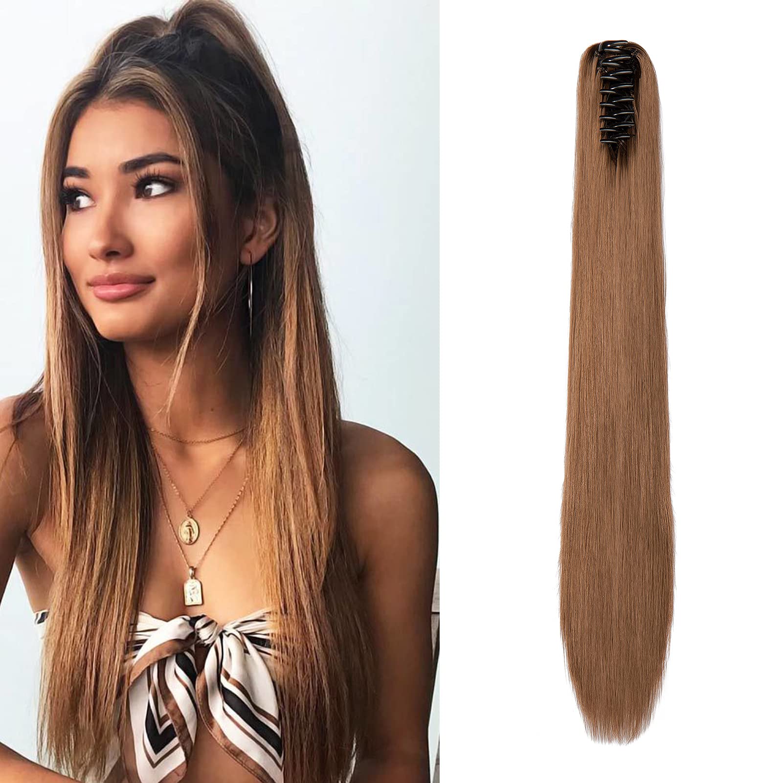 Cybelleza 22" Ponytail Extensions Long Straight Ponytail Clip in Hair Extensions Claw on Pony Tails Hairpieces Synthetic Natural Looking for Women(Golden Brown)