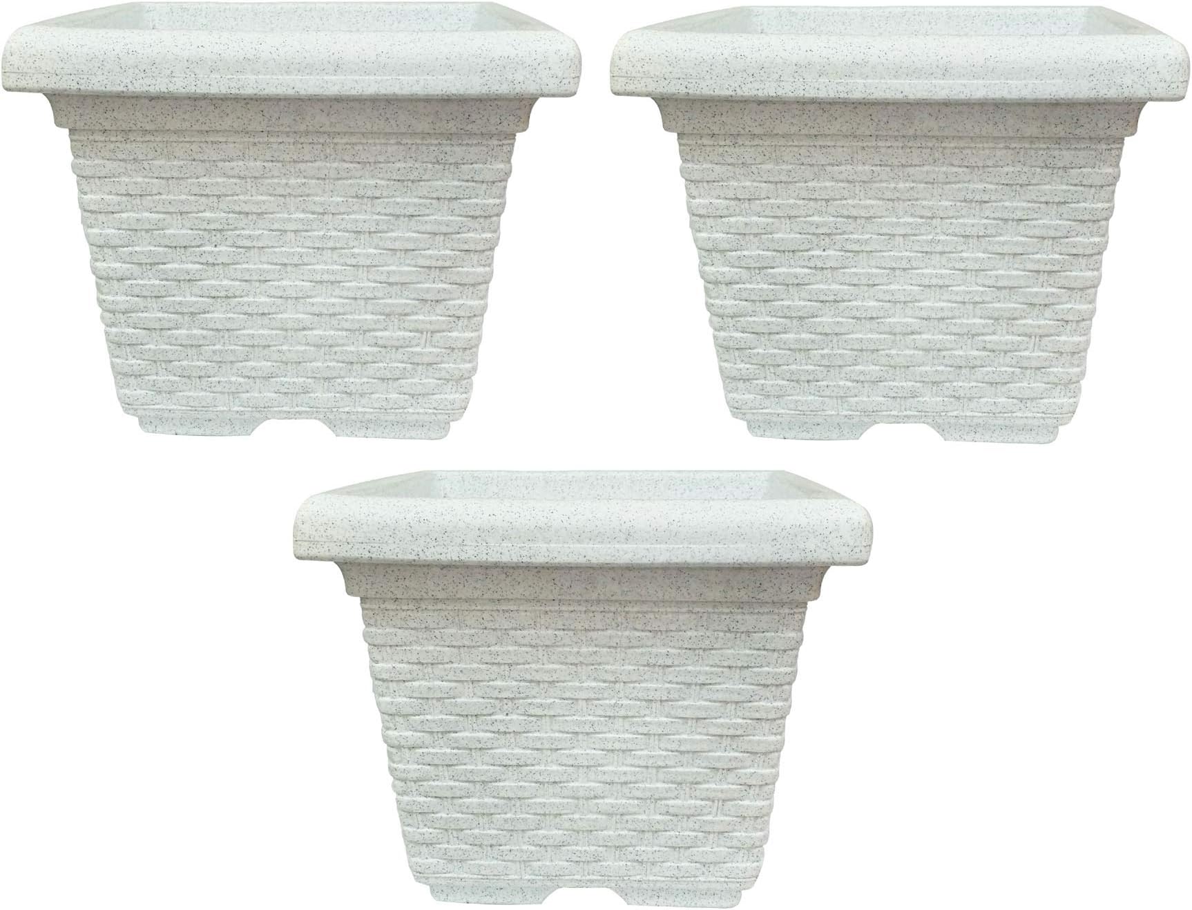 Meded Garden Essential 13 Inch Square Marble Finish Plastic Indoor Planter Pots with Bottom Tray (White, Pack of 3)