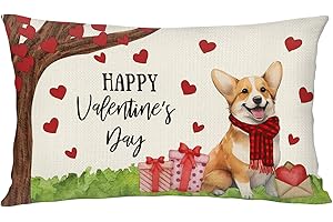 YINENA Valentines Day Corgi Dog Love Heart Lumbar Throw Pillow Cover 12x20 Inch Holiday Cushion Case Decoration for Sofa Couc