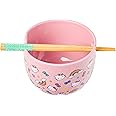 Silver Buffalo Sanrio Hello Kitty Bows Stars Rainbow Pattern Ceramic Ramen Noodle Rice Bowl with Chopsticks, Microwave Safe, 20 Ounces
