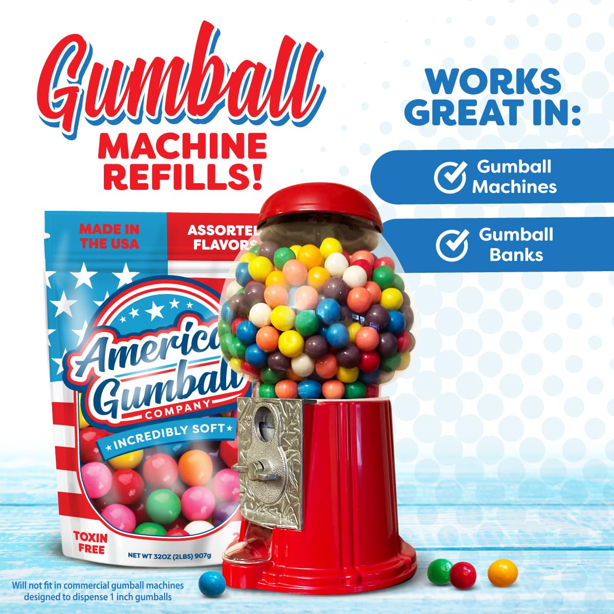 American Gumball Company Refill Gumballs 2 Pound Bag - .62 inch Small Gumballs for 1/2