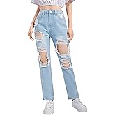 SweatyRocks Teen Girl's High Waisted Straight Leg Ripped Jeans Washed Denim Pants with Pockets