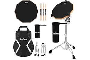 Starfavor Drum Practice Pad with Snare Drum Stand Set, 12 inch Double Sided Silent Drum Pad Kit with Drum Sticks, Drumstick Holder, Luminous Carrying Bag, Black (Fits 8''-15'' Drums)
