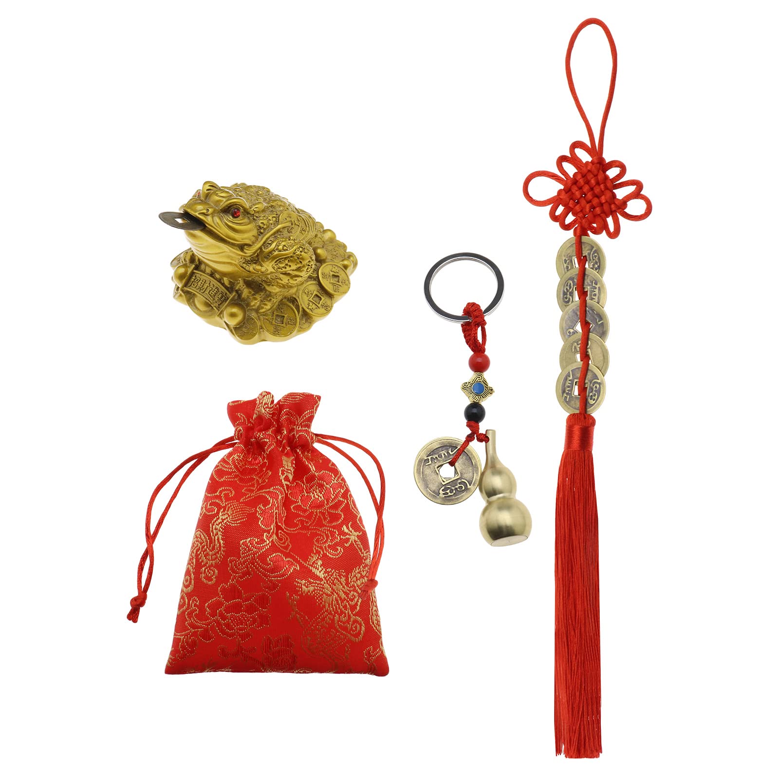 Set of 3 Feng Shui Money Frog Chinese Knot Lucky Coins Feng Shui Brass Wu Lou with Coins Keychain for Longevity Travel Safely Wealth Success and Good Luck