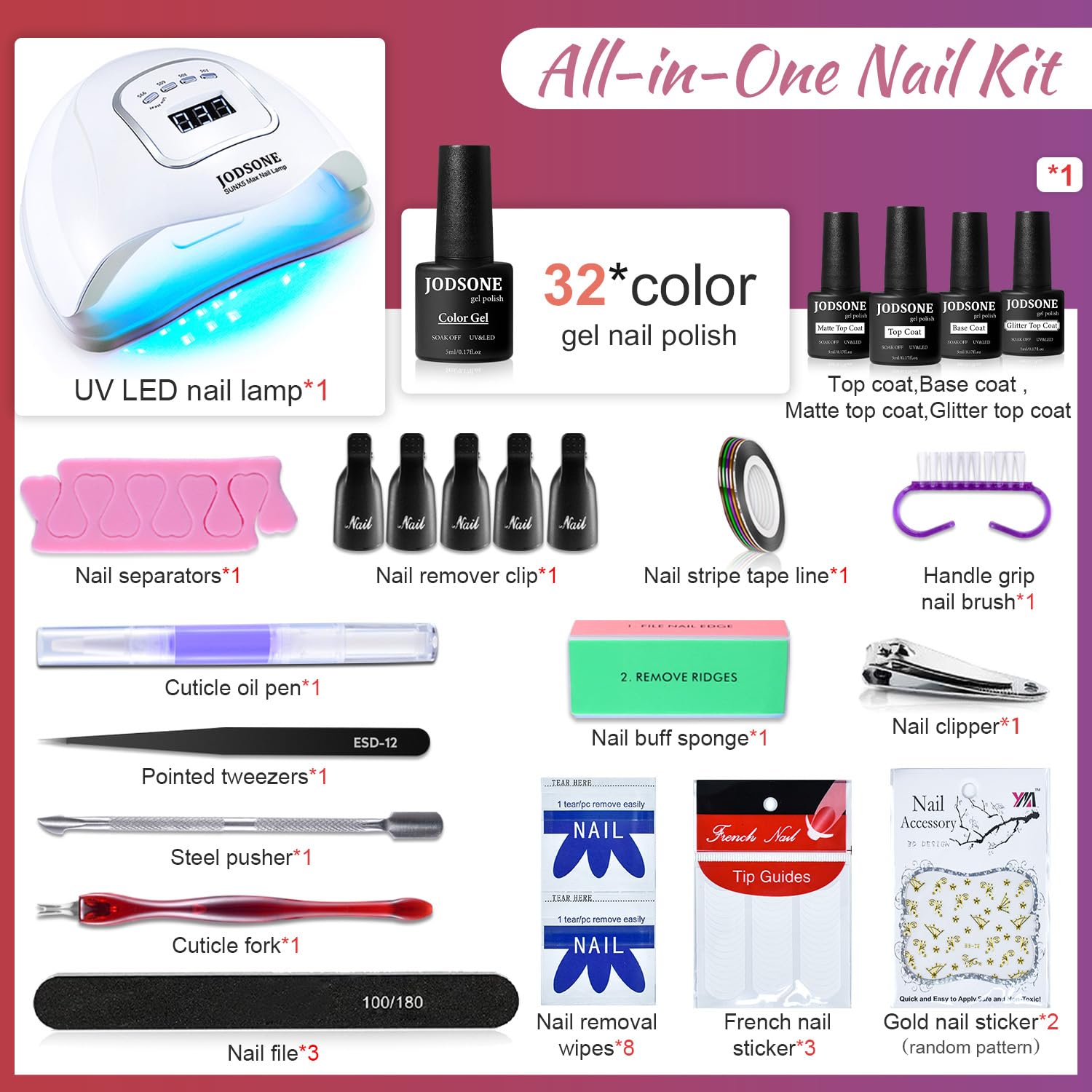 JODSONE Gel Nail Polish Kit with U V Light 32 Colors Gel Polish Set Soak Off Nail Kit Nail Art Salon or Home DIY Manicure Tools Gifts for Women