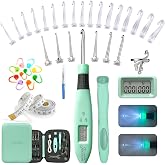 Jeciran 24 Interchangeable Heads Light Up Crochet Hook Set with Digital Stitch Counter, Ergonomic Rechargeable LED Crochet Hooks for Dark Yarn &amp; Arthritic Hands, Knitting Tool Kit,Gifts for Crocheters