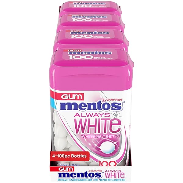 MENTOS ALWAYS WHITE BUBBLE FRESH SUGAR FREE GUM WITH XYLITOL SWEETENER, 100 COUNT BOTT