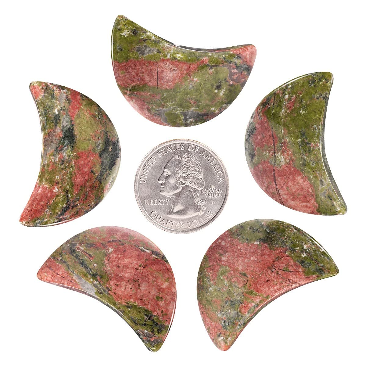 KYEYGWO 5pcs Hand Carved Half-Moon Palm Pocket Stones, Polished Crystal Stone Set for Home Office Decoration DIY or Jewelry Making, Unakite Gem