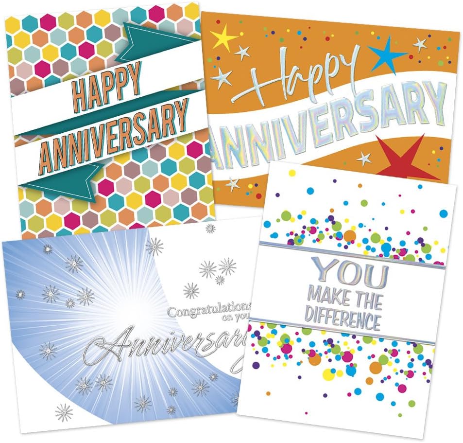 50 Employee Anniversary Cards - 4 Unique Designs - 52 White Envelopes - FSC Mix