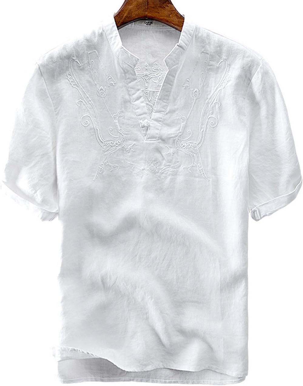 Men's Casual Cotton Linen Henley Shirts Short Sleeve V Neck Beach T-Shirt
