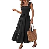 Caracilia Womens Summer Casual Maxi Dress Ruffle Spaghetti Strap Gingham Smocked Long Dresses 2026 Spring Vacation Sundress