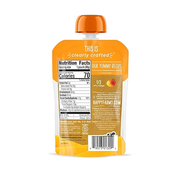 HAPPY BABY ORGANICS CLEARLY CRAFTED STAGE 1 BABY FOOD POUCHES, MANGOS, 3.5 OUNCE POUCH (PACK OF 8)