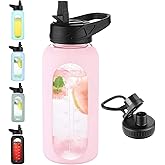 EALGRO 32 oz Glass Water Bottle with Straw and Handle, Sports Motivational Water Flask with Silicone Sleeve, Large Leakproof Water Flask Cup with Time Marker for Travel, Gym, Blush