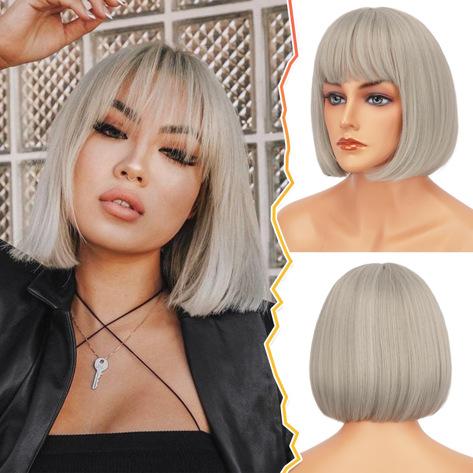 Photo 1 of BARSDAR Short Gray Bob Wig with Bangs - Short Bob Gray Wig with Bangs for Women - 12 Inch Chin-Length Natural Looking Soft Synthetic Hair Replacement Daily Halloween Party Grey Wigs