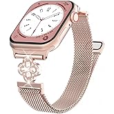 FRTXO Thin Mesh Loop Compatible with Apple Watch Bands for Women 40mm 41mm 38mm 42mm Series 10 9 8 7 6 5 4 3 2 1 SE, Metal Stainless Steel Magnetic Strap with Clover Diamond Clasp for iWatch Bands