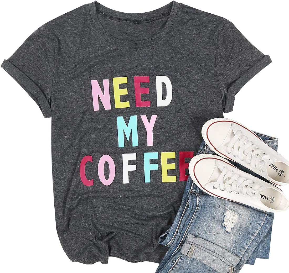 Coffee T Shirts for Women Coffee Coffee Coffee Letters Print Shirt with Funny Sayings Casual Tee 