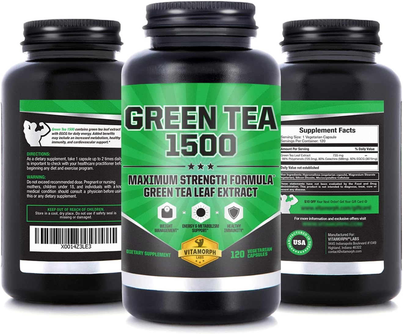 Green Tea 1500 - Egcg Green Tea Extract Supplement, Maximum Strength Egcg Green Tea Extract Capsules for a Metabolism Boost and Daily Energy by Vitamorph Labs - 120 Vegetarian Capsules: Health & Personal Care