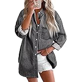 Astylish Women Denim Shirts Button Down Blouse V Neck Casual Tops