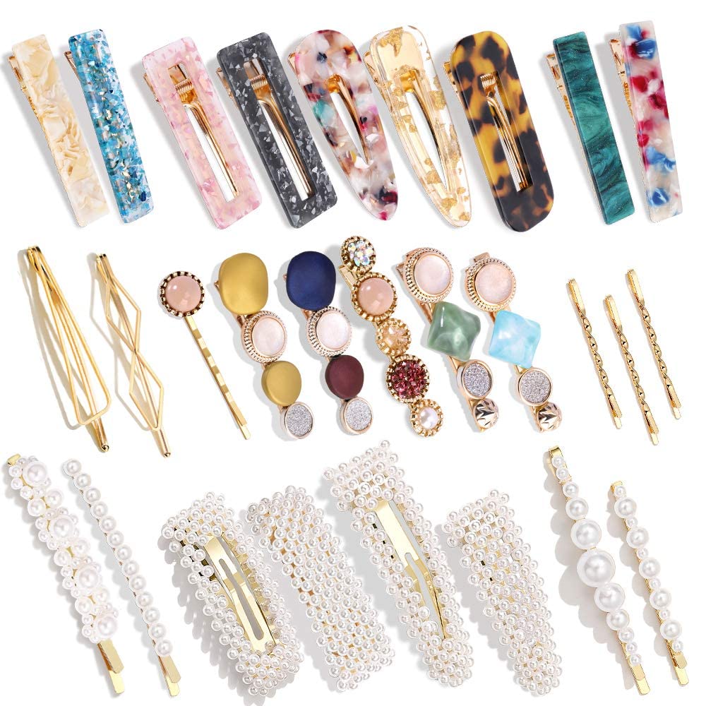 28 PCS Pearls and Acrylic Resin Hair Clips, Handmade Hair Barrettes, Marble Barrettes Pins, Glitter Crystal Geometric Hairpin, Elegant Gold Hair Accessories, Gifts for Women Girls