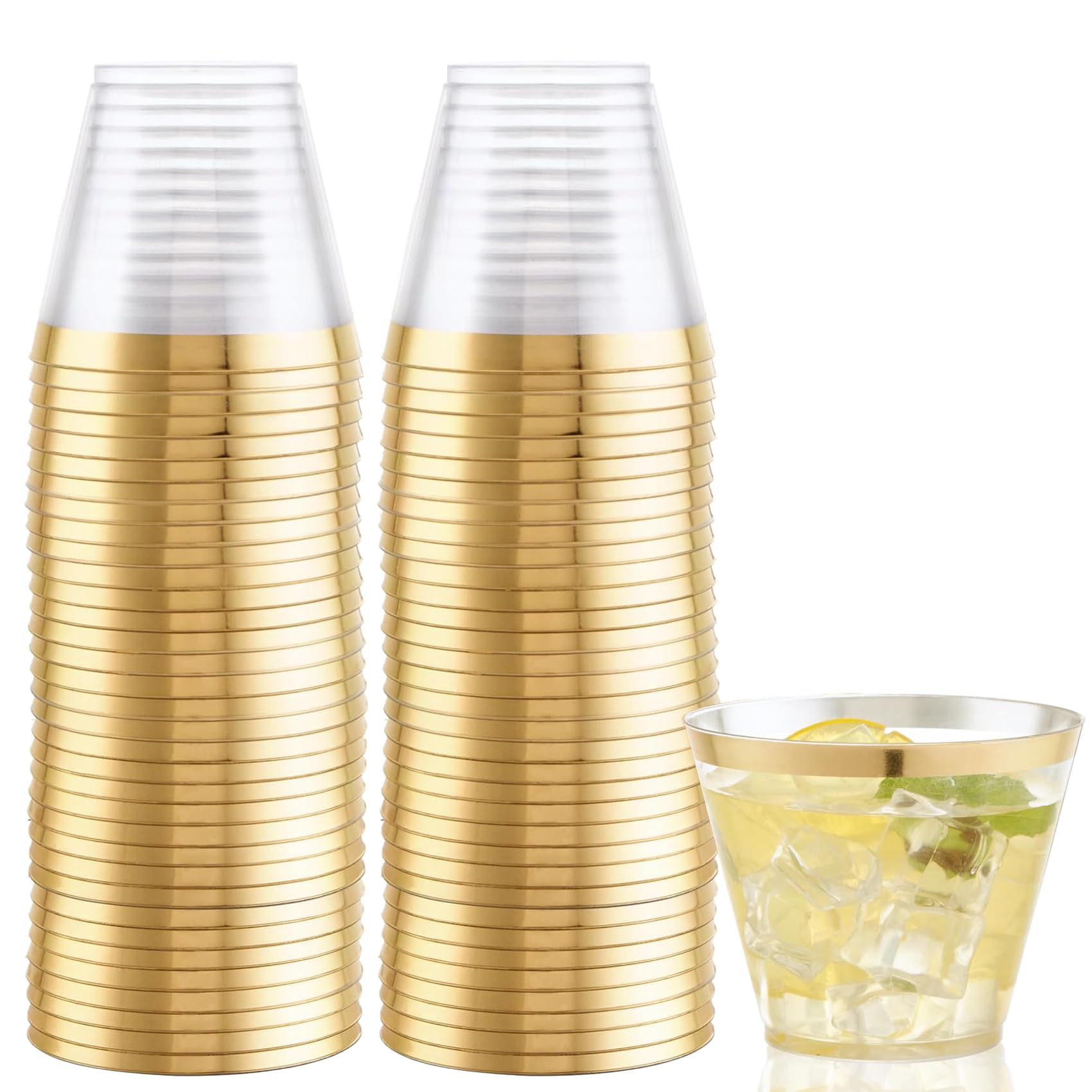 Photo 1 of Hioasis 100Pcs 9OZ Clear Cups - Plastic Disposable Cups with Gold Trim, Heavy Duty & BPA-free for Party, Wedding, Reception