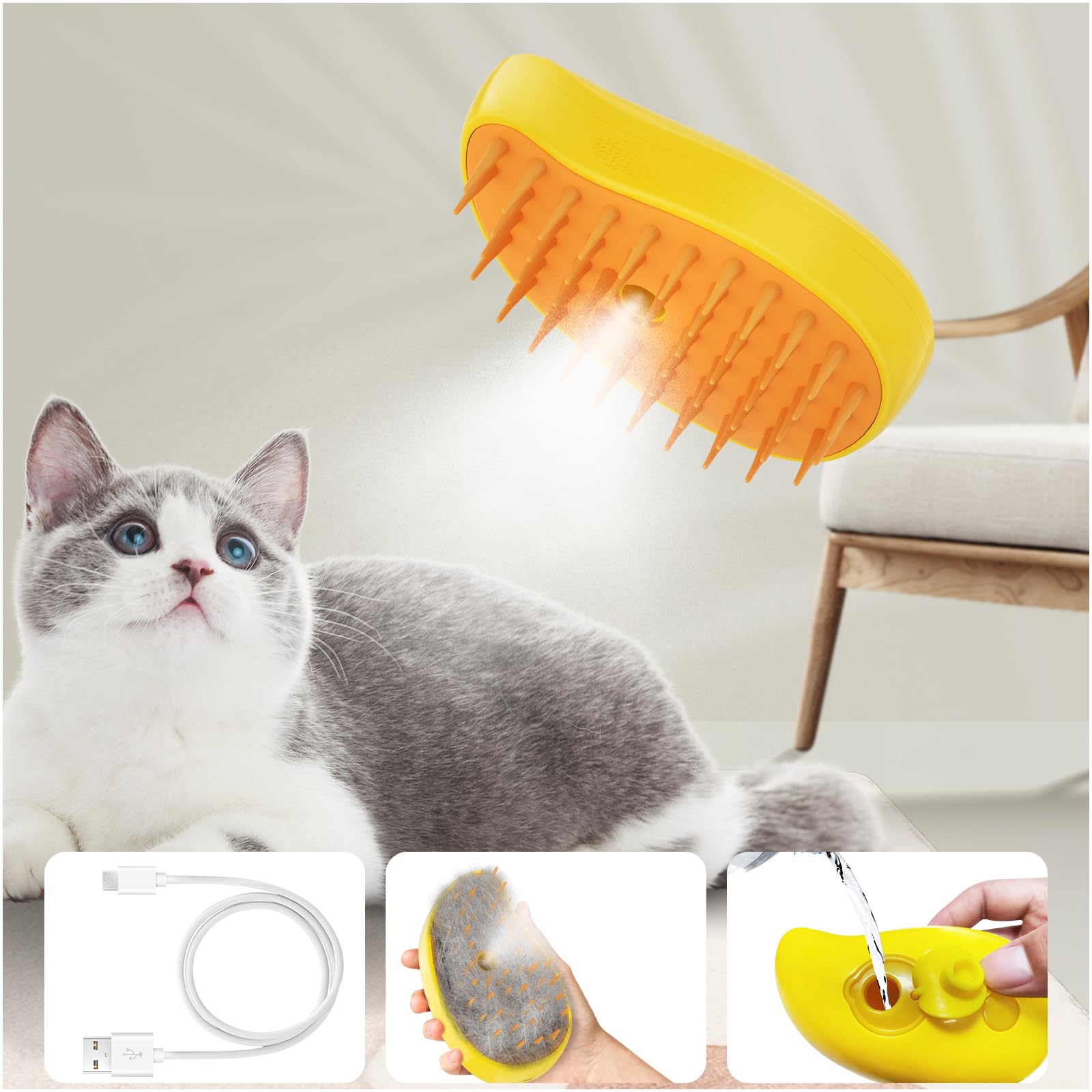 Cat Steam Brush, 3 In1 Steam Cat Brush, Steam Brush for Cats, Steamy Cat Brush, Rechargeable Silicone Steam Pet Brush, Multifunctional Pet Hair Comb for Removing Tangled And Loosse Hair (Yellow)