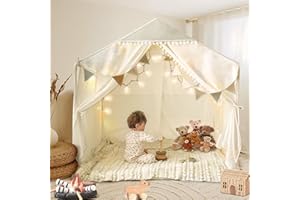 MALLIFY Large Kids Tent with Pompom, Kids Playhouse Indoor & Outdoor with Star Lights, Tent for Kids Reading Nook, Play Tent for Kids Girls Boys, Boho Toddler Tent Machine Washable, 35x52x52 in, Green