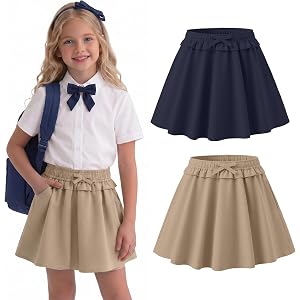 Custoneei 2 Pack Girls Skirts Uniform Skorts | School, Built in Shorts, Bow, Waist Pleated, Mini A line, Back to school, Kids