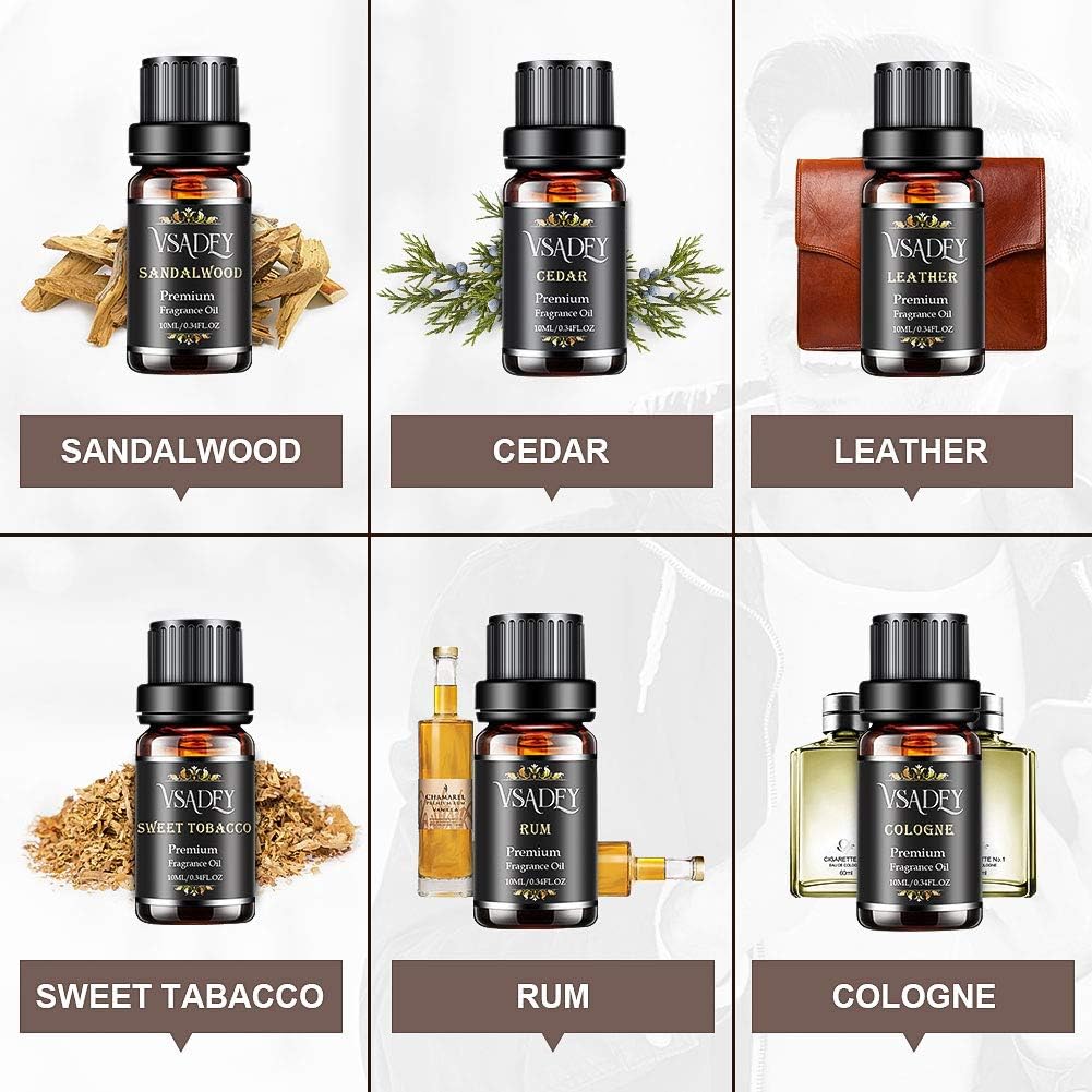 Gentleman's Essential Oils Set, Vsadey 6 X 10ML Aromatherapy Essential Oil Kit, Pure Natural Essential Oils for Diffuser (Cedar, Sandalwood, Leather, Sweet Tobacco, Bay Rum, Cologne) - Gift for Men: Health & Personal Care