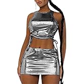 Eilova Orityle Women Liquid Metallic 2 Piece Outfits Side Criss Cross Lace-up Tank Crop Top Shiny Bodycon Mini Skirt Set