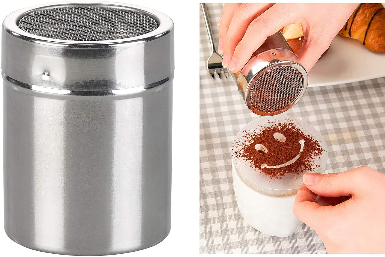 Rosenstein & Söhne Kakaostreuer: Kakao-Streuer aus Edelstahl mit Deko-Schablonen für Cappuccino & Co. (Kakaostreuer mit Schablonen)