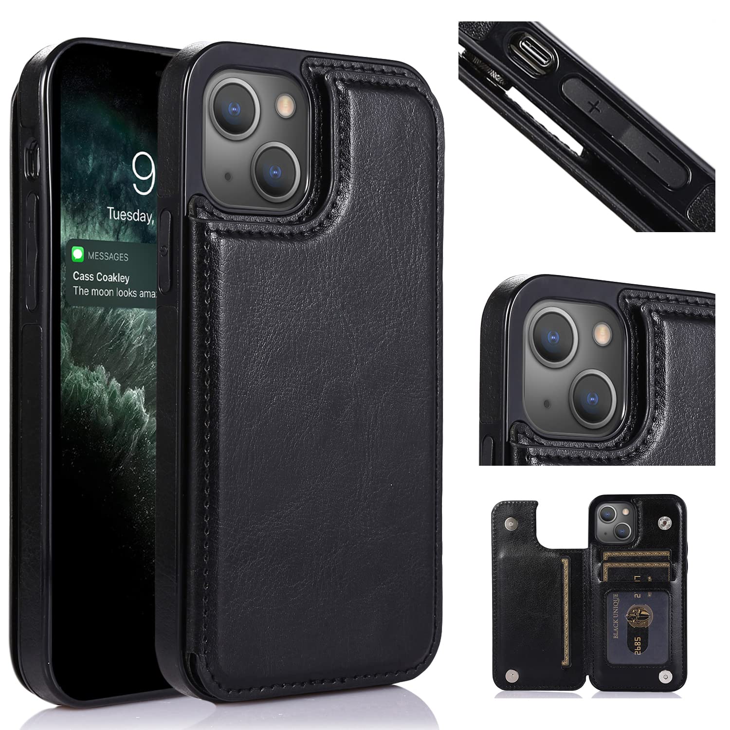 UEEBAI Wallet Case for iPhone 14 Plus 6.7 inch, Slim PU Leather Case with Card Slots Kickstand Magnetic Clasp Durable Shockproof Flip Folio Cover - Black