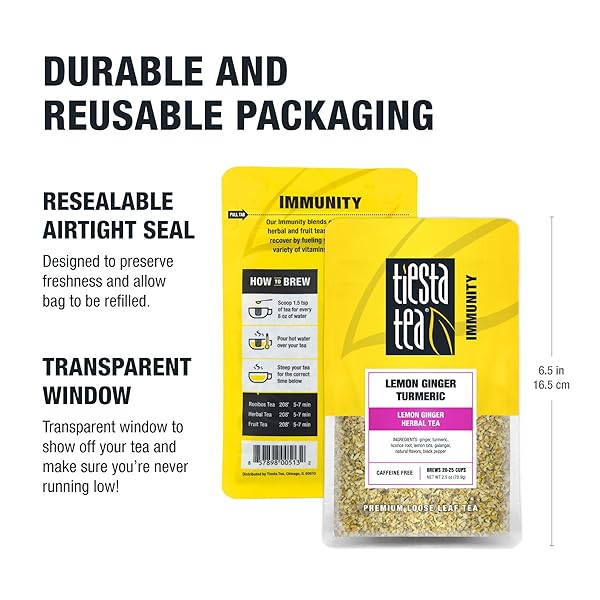 TIESTA TEA – LEMON GINGER TURMERIC, LOOSE LEAF, LEMON GINGER HERBAL TEA, PREMIUM BLEND, NON CAFFEINATED HERBAL, MAKE HOT OR ICED BREWS UP TO 25 CUPS, 2.5 OUNCE RESEALABLE POUCH