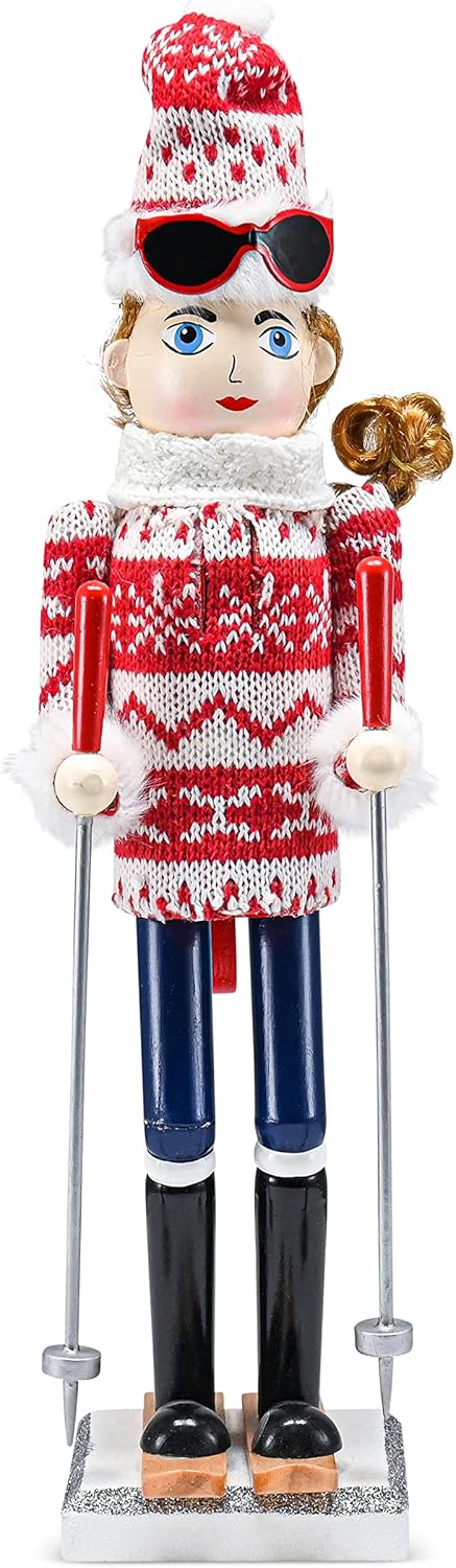 Nutcrackers - Ornativity Christmas Woman Skier Nutcracker – Red and White Wooden Nutcracker Woman with Ugly Sweater and Ski Sticks in Skiing Pose Xmas Themed Holiday Nut Cracker Doll Figure Decorations