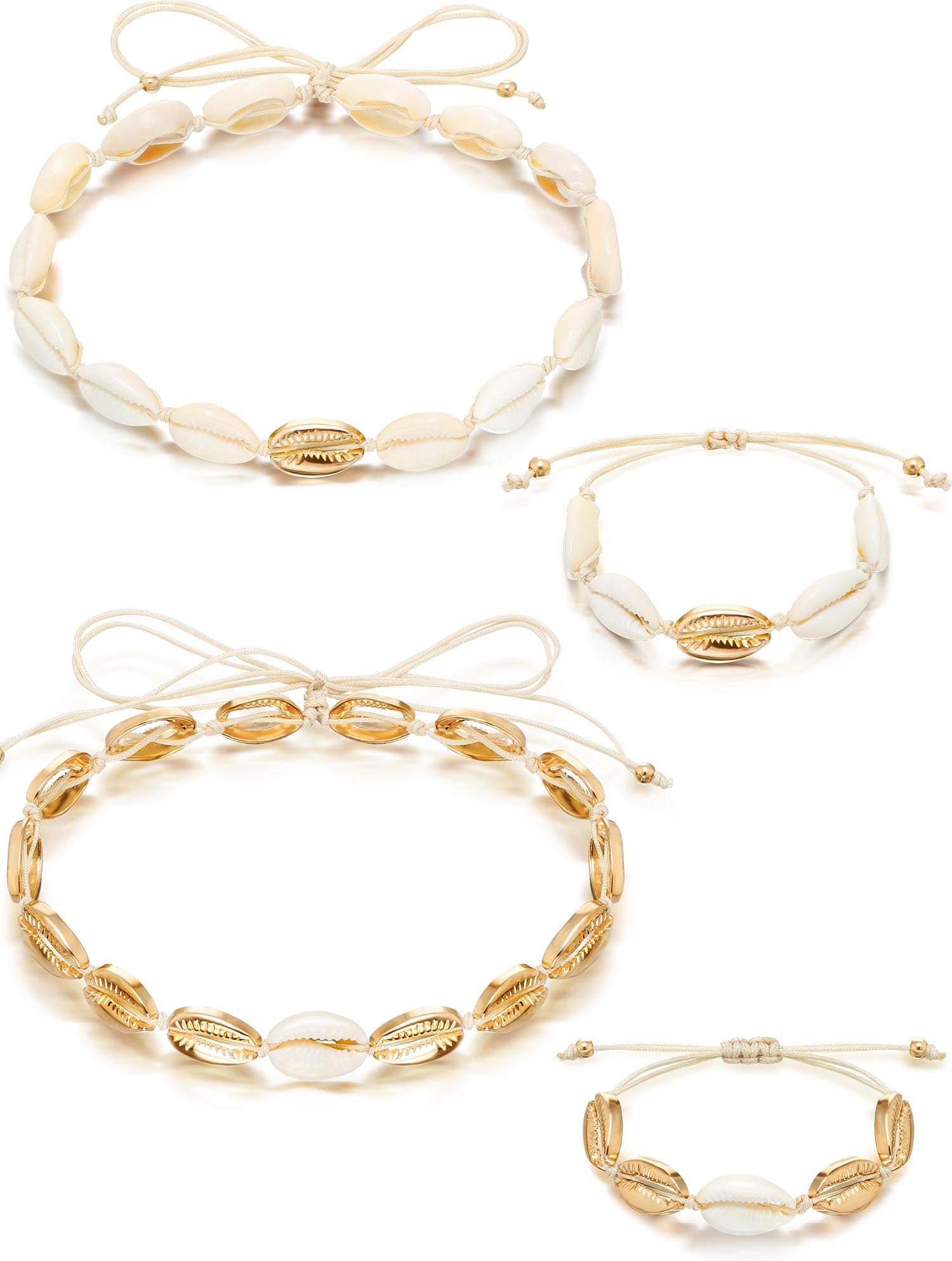 4 Pieces Natural Shell Choker Hawaii Cowrie Shell Necklace Set Seashell Bracelets Handmade for Summer Beach Girls Women Jewelry