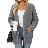 QUALFORT Women's 100% Cotton Cardigan Lantern Sleeve Cardigan Oversized Swearter with Pockets