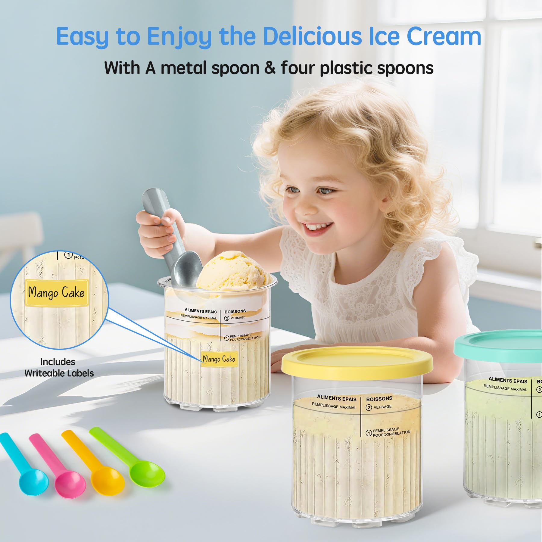 4 Pack Creami Deluxe Pints & Lids for Ninja, 24 Oz Compatible with NC500 NC501 Series Ice Cream Makers, with 5 Spoons & 64 Writable Labels, BPA-Free & Dishwasher Safe, 4 Color Lids