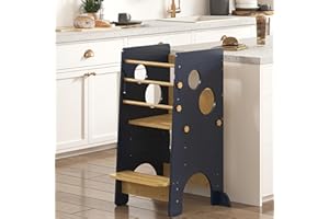 JALOVE Toddler Standing Tower, 3 Adjustable Height Toddler Kitchen Stool Helper, Kids Kitchen Step Stool for Learning New Skills with Safety Feet, Safe Design for 18+ Months to 6-Year-Old Kids, Deep Blue