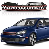 PartsFlow Badgeless Hex Mesh Grill Black W/Red Trim Grille For 2010 2011 2012 2013 2014 Volkswagen VW GTI Jetta Sportwagen Golf MK6 (Does Not Fit Jetta Sedan Model)